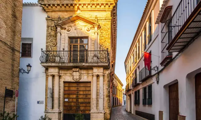 Calle empedrada flanqueada por edificios históricos, un ejemplo de los pueblos bonitos de Sevilla. Fachada de piedra dorada con balcón y puerta de madera.