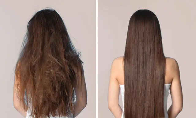 Prima e dopo: capelli disidratati e spenti trasformati in una chioma lucente e sana.