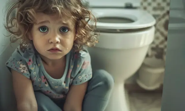 Smutne dziecko z mokrym policzkiem siedzi obok toalety, przeżywając jednorazowe wymiotowanie.