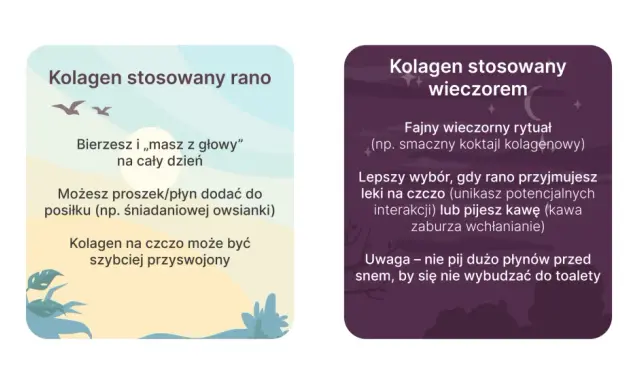Kiedy pić kolagen? Rano dla wygody lub wieczorem jako rytuał. Unikaj przyjmowania leków lub kawy z kolagenem na czczo.