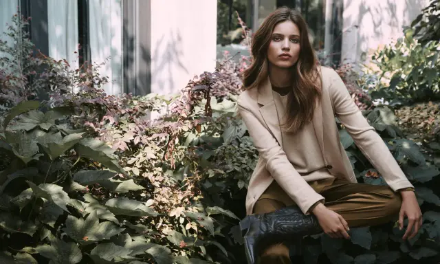 Donna elegante con blazer beige e stivali texani, un'ispirazione su come vestirsi a 45 anni con stile e audacia.