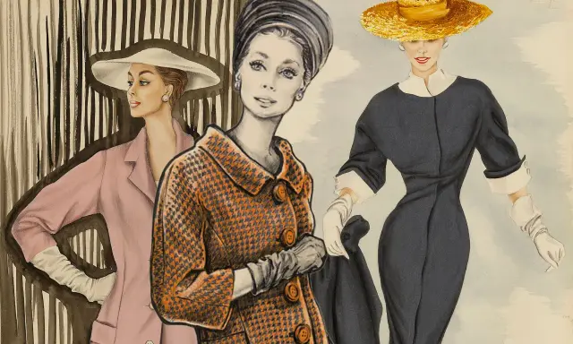 Tre eleganti donne della moda italiana sfoggiano abiti chic: un tailleur rosa, un cappotto arancione pied-de-poule e un vestito blu scuro con cappello di paglia.