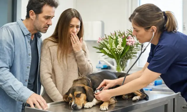 Un couple inquiet observe le vétérinaire ausculter leur chien, craignant une intoxication au laurier rose.