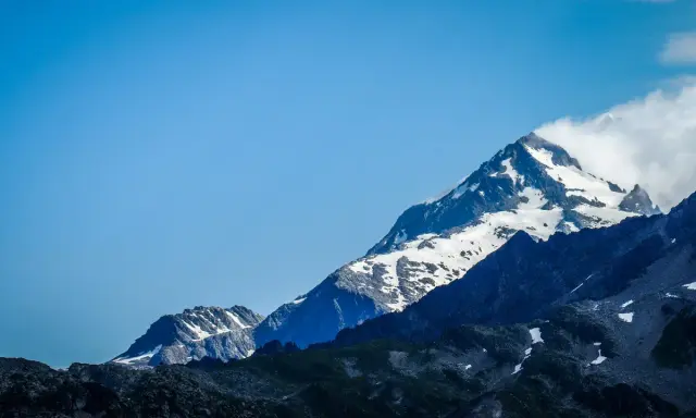 Majestatyczne szczyty Alp, pokryte śniegiem, z błękitnym niebem. Widok na trasę Tour du Mont Blanc.