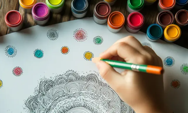 Mano che colora con una matita un disegno di mandala. Piccoli cerchi colorati e vasetti di pittura sullo sfondo.