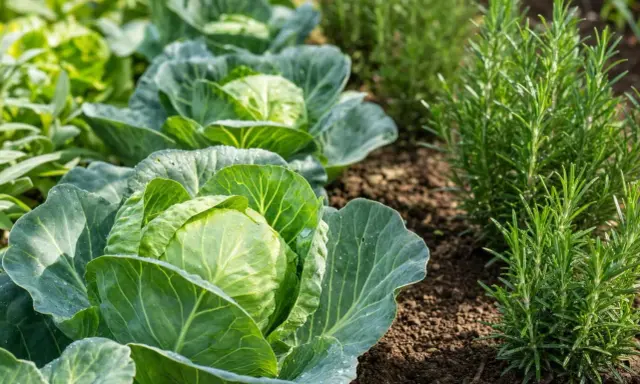 Légumes verts frais, choux et romarin dans un potager ensoleillé. L'arôme du romarin embaume le jardin.