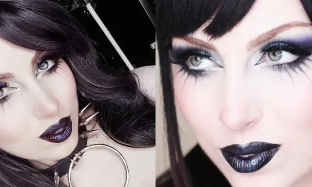 Mujer con maquillaje gótico: ojos dramáticos con sombras moradas y delineado, labios oscuros y pelo negro.
