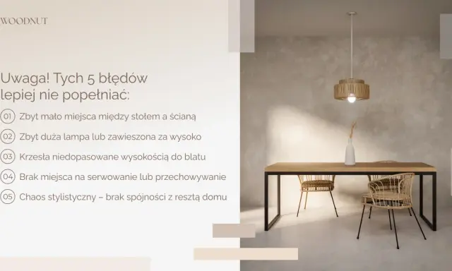 Minimalne **miejsca na stół z krzesłami** w jadalni. Unikaj błędów: za mało przestrzeni, zła lampa, niedopasowane krzesła, brak miejsca na serwowanie, chaos stylistyczny.