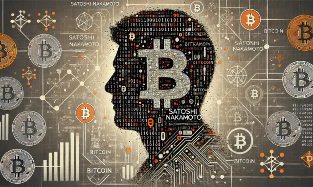 Sylwetka głowy wypełniona kodem binarnym i symbolem Bitcoina, z napisem "Satoshi Nakamoto" i monetami Bitcoin.