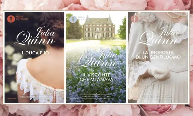 Copertine dei libri di Julia Quinn: "Il Duca e Io", "Il Visconte che mi Amava" e "La Proposta di un Gentiluomo".