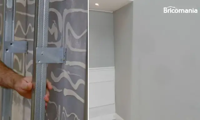 Instalación de perfiles metálicos para colgar en pladur. La pared ya está lista para recibir el revestimiento.