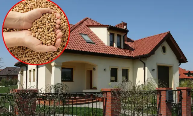 Domy z czerwonym dachem i ręce trzymające pellet. Odkryj najtańsze ogrzewanie domu z ekologicznego paliwa.