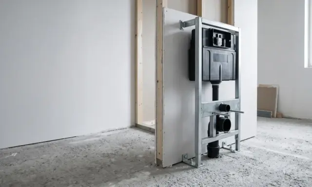 Estructura metálica para instalar un inodoro empotrado. Muestra el sistema de cisternas y tuberías, clave para saber como instalar un inodoro al suelo.