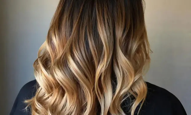 Piękne, falowane włosy z subtelnymi refleksami blond na ciemnych włosach, tworzące efekt ombre.