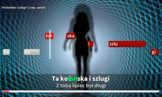 Ta kolońska i szlugi" z rep. sanah. Tekst piosenki wyświetlany na tle sylwetki kobiety w wirze.