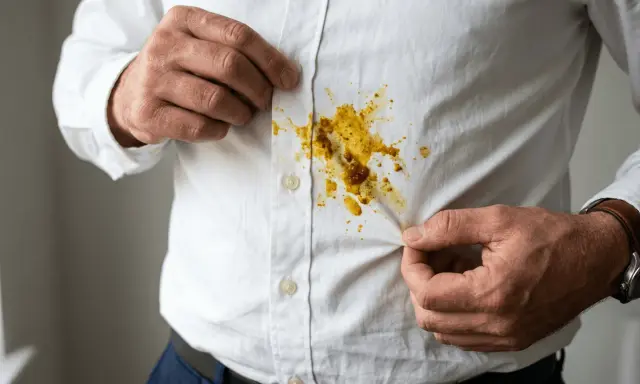 Mann zeigt gelbe Curryflecken auf weißem Hemd. Tipps zum Curryflecken entfernen gesucht.