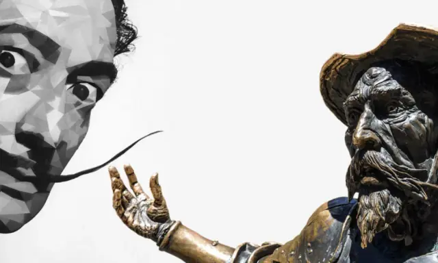 Volto stilizzato di un artista spagnolo famoso, Salvador Dalí, accanto a una statua di Don Chisciotte.