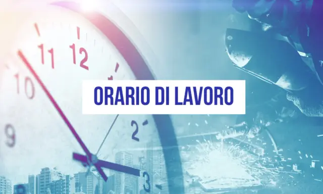 Orologio e operaio al lavoro, con testo "ORARIO DI LAVORO". Possibili motivazioni per cambio orario di lavoro.
