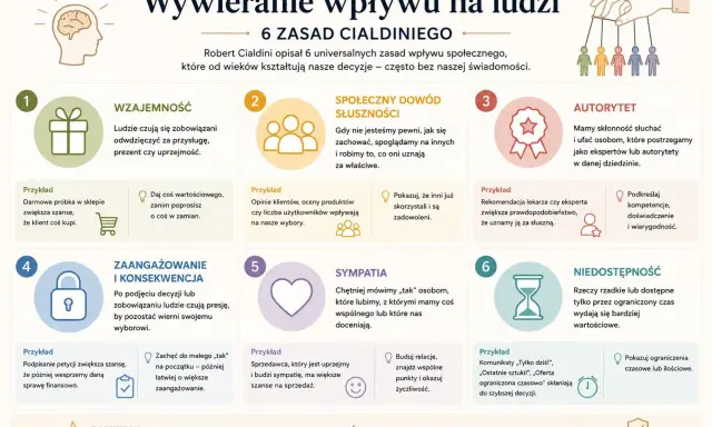 6 zasad Cialdiniego: wzajemność, dowód społeczny, autorytet, zaangażowanie, sympatia, niedostępność – klucz do wywierania wpływu na ludzi.