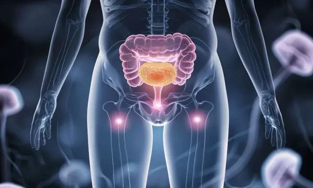 Anatomia człowieka z widocznym jelitem grubym i pęcherzem. Może to symbolizować ucisk na pęcherz.