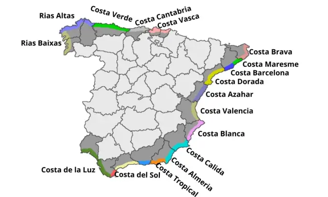 Mapa prezentuje regiony Hiszpanii, w tym wybrzeża takie jak Costa Brava, Costa Dorada i Costa de la Luz.