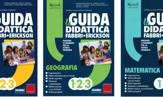 Copertine di libri scolastici "La Guida Didattica Fabbri Erickson" per scuola primaria, con bambini e insegnanti che usano un tablet. Offrono percorsi e strumenti per laboratori creativi.