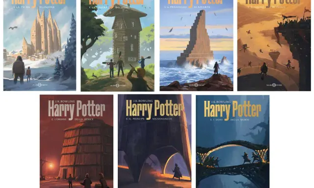 Copertine dei libri di Harry Potter della casa editrice Salani, con illustrazioni evocative delle avventure magiche.