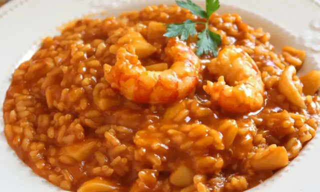 Delicioso arroz caldoso con gambas y trozos de calamar, adornado con una ramita de perejil.