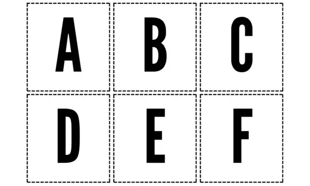 Letras A, B, C, D, E, F en cuadros punteados. Ideales como tipos de letras para imprimir y decorar.