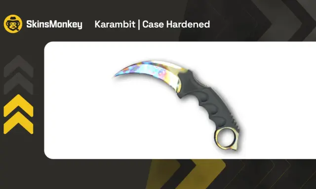 Karambit Case Hardened z CS:GO, jeden z najdroższych skinów, błyszczy tęczowymi barwami.