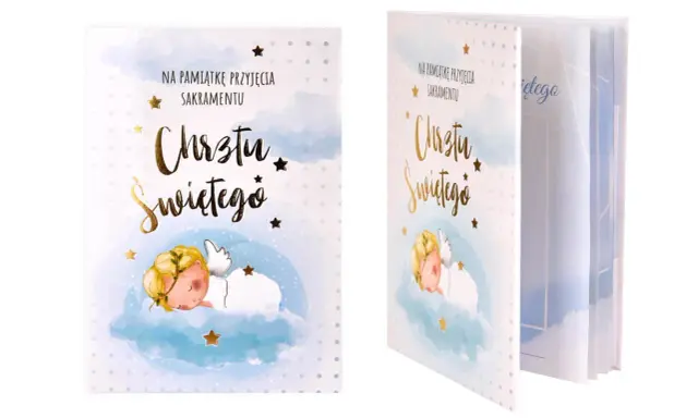 Pamiątka Chrztu Świętego. Uroczy aniołek na chmurce. Idealna, by wpisać datę, gdy sakramentu udzielono.