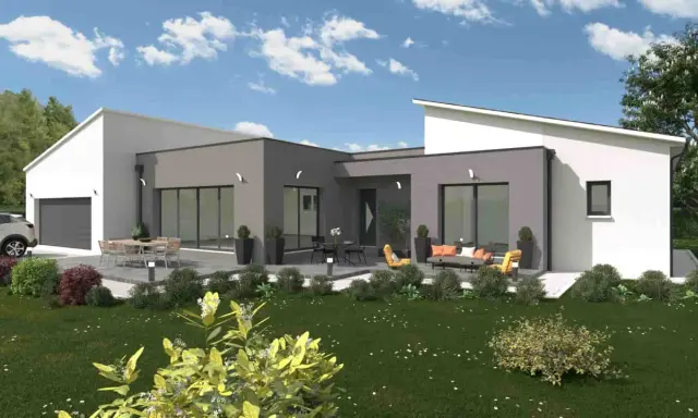 Maison moderne de plain-pied avec garage, terrasse aménagée et jardin verdoyant.