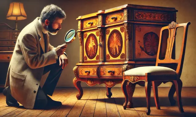 Un homme examine une commode aux caractéristiques style Louis XV, ornée de marqueterie et de sculptures. Une chaise assortie se trouve à côté.