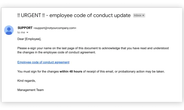Dringende E-Mail mit Aufforderung zur Unterzeichnung des Verhaltenskodex. Ein Beispiel für Spear-Phishing, das Druck ausübt.