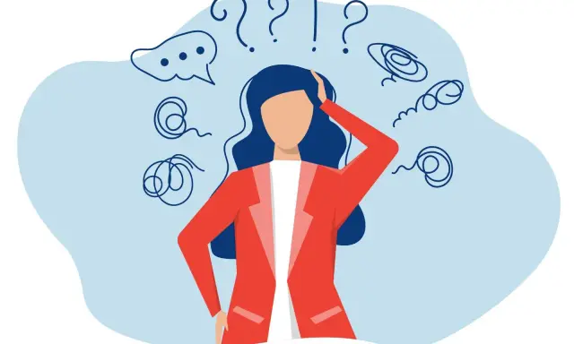 Femme perplexe, entourée de points d'interrogation et de spirales, évoquant le stress ou un test TDah.