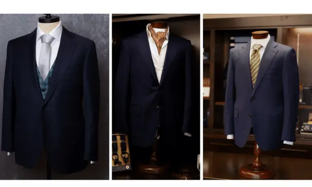 Three navy blue suit colors displayed on mannequins, showcasing different tie and vest combinations for a sophisticated look.