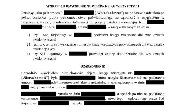 Wniosek o ujawnienie numerów ksiąg wieczystych. Jak sprawdzić księgę wieczystą? Dokument zawiera prośbę o wskazanie numerów ksiąg wieczystych dla działek ewidencyjnych.