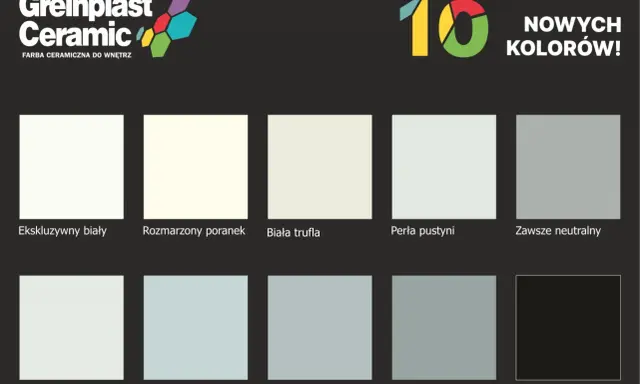 Paleta barw Greinplast Ceramic: od bieli, przez odcienie **kolor popielaty a szary**, po głęboki węgiel.