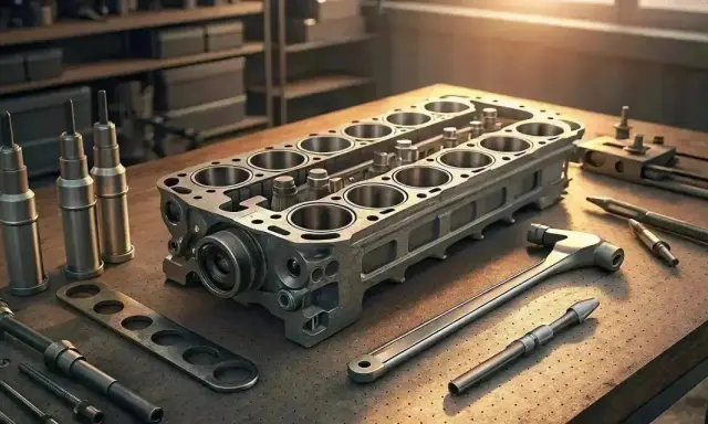Bloque motor rajado con herramientas de mecánica.