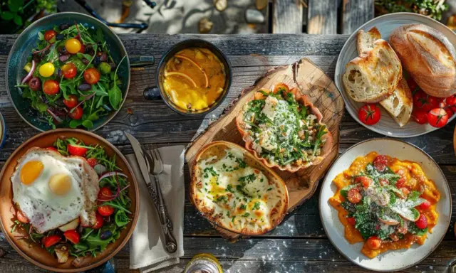 Un festin de paris nourriture : salades fraîches, œufs au plat, pain croustillant, soupe et plats colorés sur une table en bois.