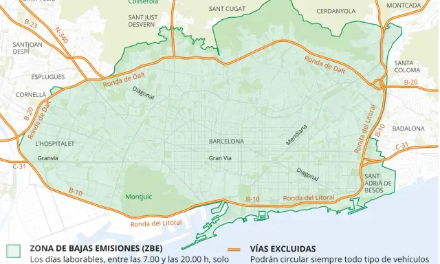 Mapa de la Zona de Bajas Emisiones (ZBE) de Barcelona, mostrando las vías excluidas y las restricciones de circulación.