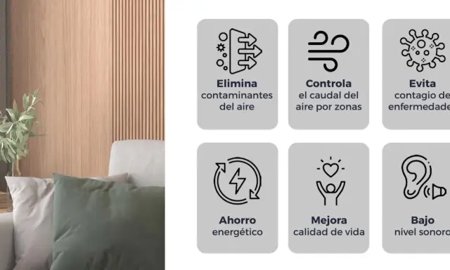 ¿VMC qué es? Beneficios: elimina contaminantes, controla caudal de aire, evita contagios, ahorro energético, mejora calidad de vida y bajo nivel sonoro.