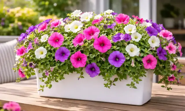 Un pot blanc débordant de pétunias surfinia aux couleurs vives : rose, violet et blanc. Ces fleurs illuminent une terrasse en bois.