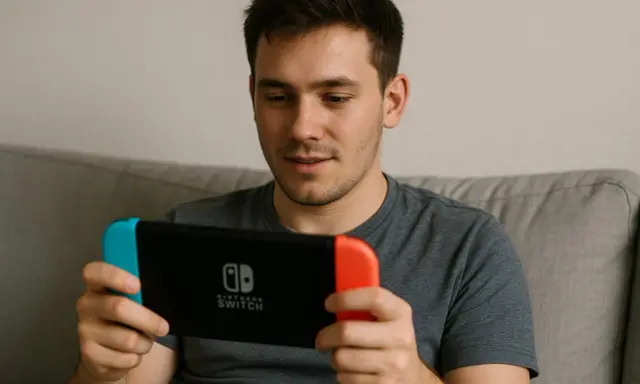 Mężczyzna gra na konsoli Nintendo Switch, szukając najlepszych gier na Switch.