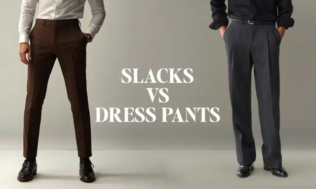 See what slacks look like: a man in brown slacks with a slim fit, and another in grey dress pants with pleats.