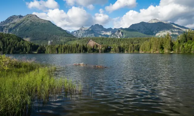 Jezioro w otoczeniu gór i lasów, z widocznym budynkiem hotelowym na drugim planie.