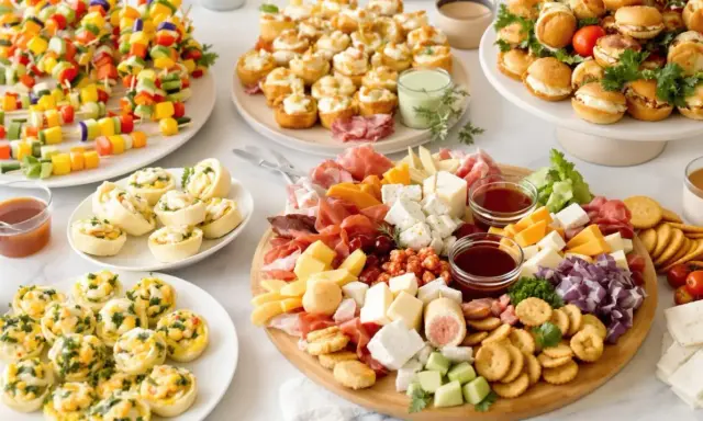 Plateau de petits fours salés froids : brochettes de légumes colorés, roulés, mini-sandwichs et assortiment de fromages et charcuteries.