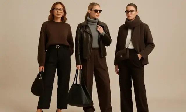 Trzy kobiety prezentują stylizacje. Jedna ma czarne spodnie i brązową bluzę. To świetna inspiracja, jakie spodnie do czarnej bluzy pasują.