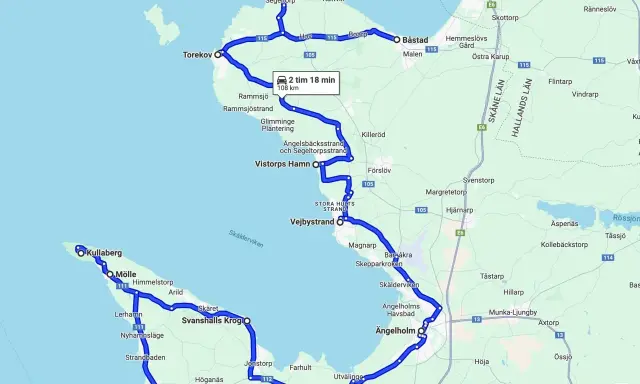 En naturskön rutt på Bjärehalvön, som slingrar sig förbi kustpärlor som Torekov, Båstad och Vejbystrand, med stopp vid Kullaberg och Svanshalls Krog.