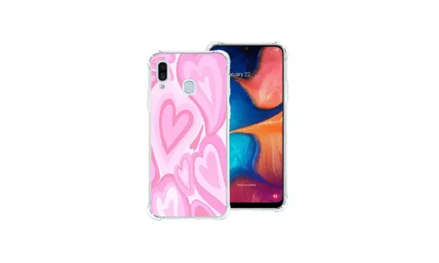 Przezroczyste etui na telefon Samsung A20e z różowymi serduszkami.